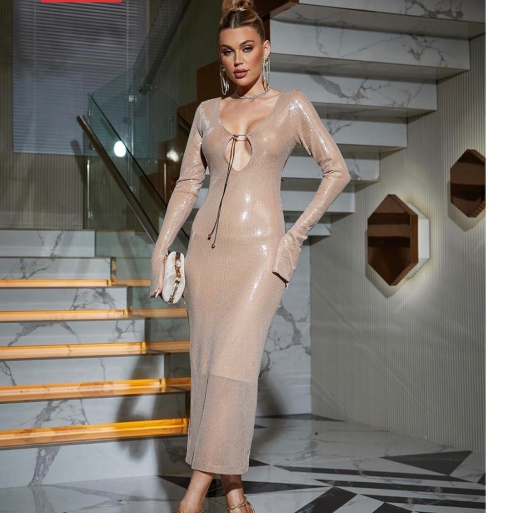 Women’s long deep v neckline sequin tan gown with drawstring closures-size Large